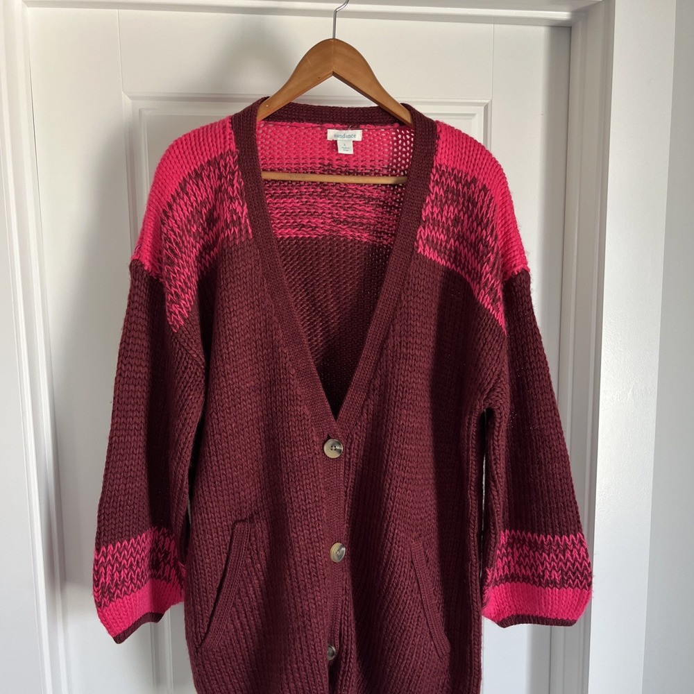 Sundance Chunky Knit Cardigan Sweater Burgundy Wool Blend Oversized L Preppy - Picture 4 of 16